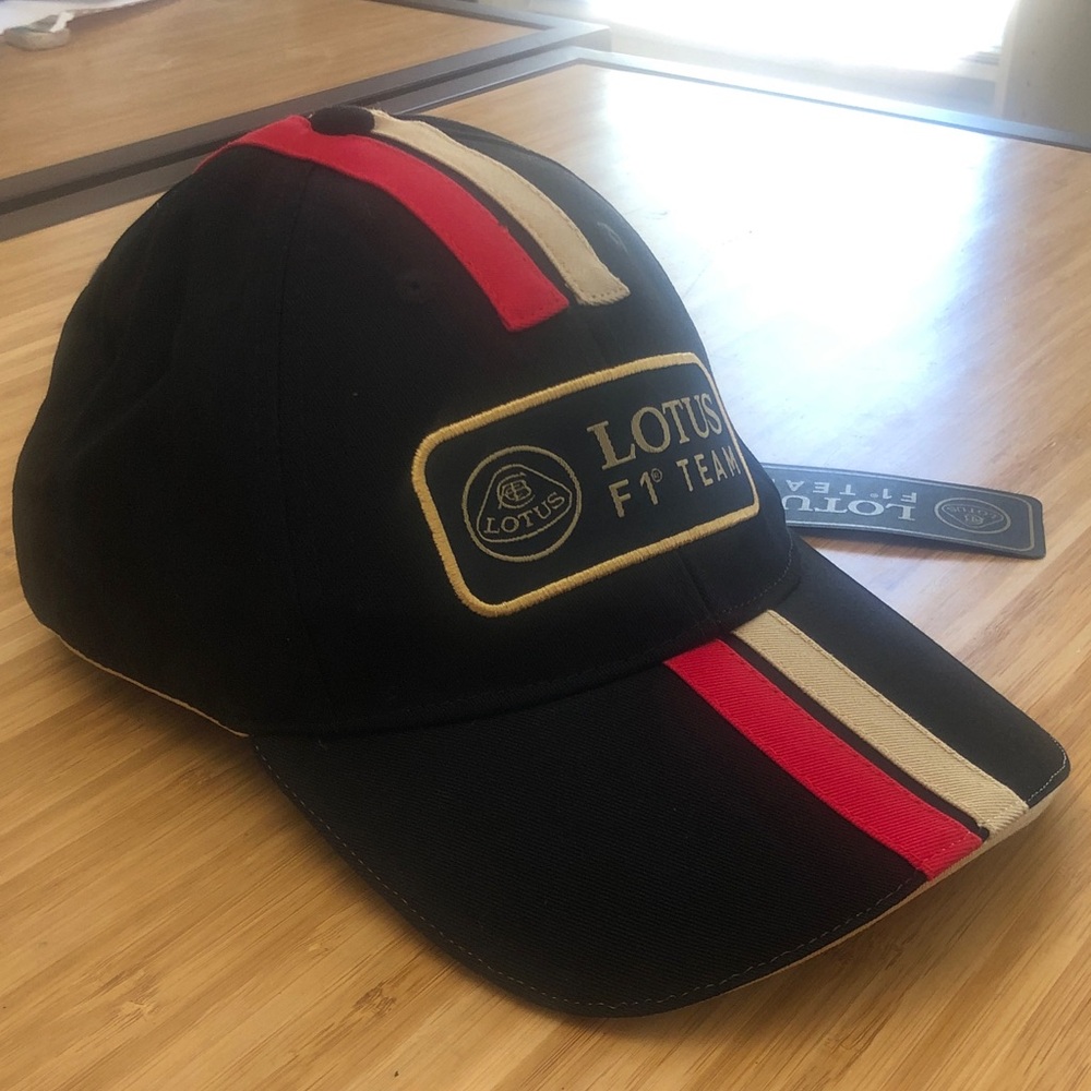 Lotus F1 Team Black Cap with Red and Cream Stripes NWT!